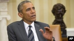 President Barack Obama speaks to members of the media during his meeting with NATO Secretary General Jens Stoltenberg,Oval Office, White House, Washington, May 26, 2015.