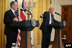 FILE - U.S. President Donald Trump holds a press conference with British Prime Minister Keir Starmer in the East Room of the White House in Washington, Feb. 27, 2025.