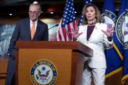 House Speaker Nancy Pelosi of Calif., joined by Senate Minority Leader Sen. Chuck Schumer of N.Y., speaks during a news conference on Capitol Hill in Washington, Aug. 6, 2020.