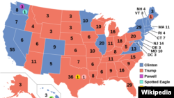 2016년 미국 대통령 선거의 결과를 나타낸 지도. 숫자는 각 주의 선거인단 수를 가리킨다. 