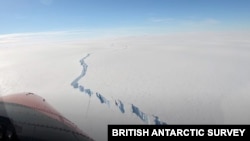A chasm called the North Rift formed on the Brunt Ice Shelf is seen in Antarctica, Feb. 26, 2021, in this still image obtained from social media video. (British Antarctic Survey/via Reuters) 