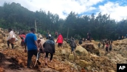 En esta imagen proporcionada por la Organización Internacional para las Migraciones, un grupo de personas cruza un área afectada por un deslave para llevar a la otra área de la aldea de Yambali, en Papúa Nueva Guinea, el viernes 24 de mayo de 2024. 