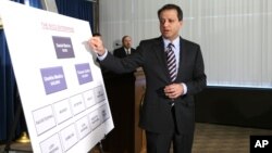 FILE - Preet Bharara, U.S. Attorney for the Southern District of New York, speaks at a news conference, April 20, 2010, in New York. Bharara indicated that the Gambino organized crime family was allegedly involved with sex trafficking of a minor.