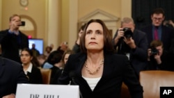 Former White House national security aide Fiona Hill, arrives to testify before the House Intelligence Committee on Capitol Hill in Washington, Nov. 21, 2019.