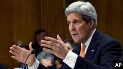 Secretary of State John Kerry testifies on Capitol Hill in Washington, Tuesday, Feb. 24, 2015, before the Senate Foreign Relations Committee hearing to review the State Department's fiscal 2016 budget request. 