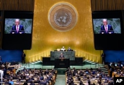 Sekretaris Jenderal PBB Antonio Guterres menyampaikan pidato pada Sidang Umum PBB ke-79, Selasa, 24 September 2024. (Richard Drew/AP)