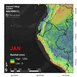 Animation showing monthly rainfall in the tropical Andes. Humid air transports water vapor from the Amazon and is blocked by the Andean mountain barrier, producing extreme differences between the eastern and western slopes. (B. Ochoa-Tocachi, 2019)
