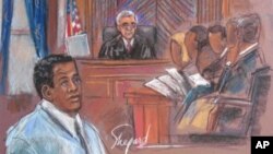 This September 29, 2010 courtroom sketch shows defendant Ahmad Khalfan Ghailani (L) during jury selection in New York. Ghailani remains the only detainee from Guantanamo Bay to be brought to the United States so far.