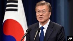 South Korea's new President Moon Jae-In speaks during a press conference at the presidential Blue House in Seoul Wednesday, May 10, 2017. Moon has said he would do everything he could to reduce tensions on the Korean Peninsula.