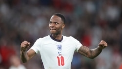 England's Raheem Sterling celebrates a goal during the Euro 2020 soccer championship semifinal match between England and Denmark at Wembley stadium in London, July 7, 2021.