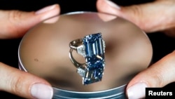 A Christie's employee poses with the 14.62 carats Oppenheimer Blue diamond during a preview in Geneva, Switzerland May 12, 2016. 