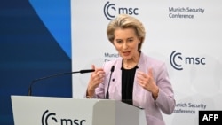 FILE - European Commission President Ursula von der Leyen delivers her speech during the 61st Munich Security Conference (MSC) in Munich, southern Germany, on Feb. 14, 2025. 