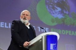 European Commissioner for the European Green Deal Frans Timmermans speaks during a media conference at EU headquarters in Brussels, July 14, 2021.
