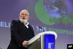 European Commissioner for the European Green Deal Frans Timmermans speaks during a media conference at EU headquarters in Brussels, July 14, 2021.