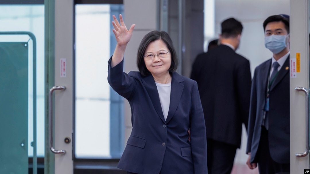 FILE - In this photo released by the Taiwan Presidential Office, Taiwan's President Tsai Ing-wen waves as she departs Taiwan, Sept. 5, 2023.