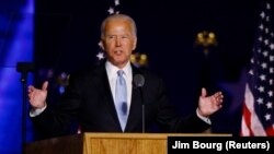 Democratic 2020 U.S. presidential nominee Joe Biden speaks at his election rally in Wilmington