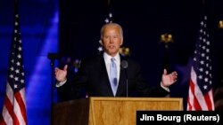 Democratic 2020 U.S. presidential nominee Joe Biden speaks at his election rally in Wilmington