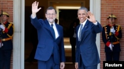 И.о. премьер-министра Испании Мариано Рахой и президент США Барак Обама. Мадрид, Испания. 10 июля 2016 г.