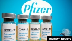 FILE PHOTO: Vials and medical syringe are seen in front of Pfizer logo in this illustration