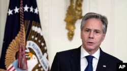 FILE: U.S. Secretary of State Antony Blinken speaks at the White House in Washington, on June 13, 2023. Blinken and Chinese Foreign Minister Qin Gang had a phone call Wednesday, June 14, 2023 ahead of a planned visit by the U.S. official to China meant to shore up relations.