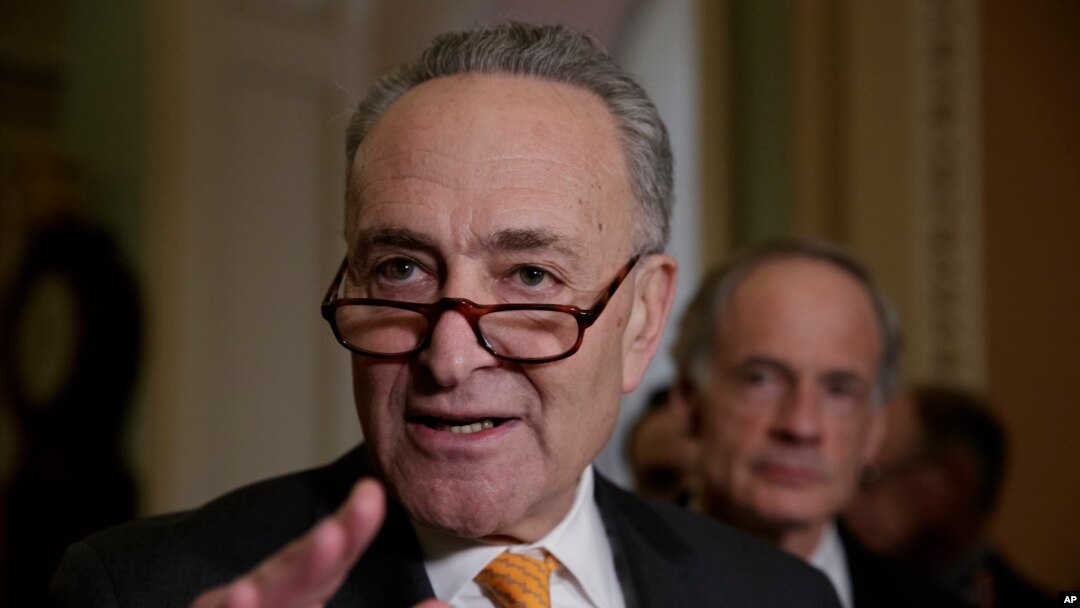 Senate Minority Leader Charles Schumer, a New York Democrat, speaks with reporters on Capitol Hill in Washington, March 28, 2017. 