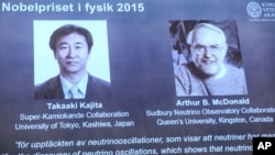 Ilmuwan Jepang, Takaaki Kajita (kiri) dan ilmuwan Kanada, Arthur MacDonald meraih Nobel Fisika tahun 2015 (foto: dok).