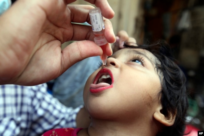 A health worker administers a polio vaccine to a child in Lahore, Pakistan, Monday, Aug. 22, 2022. (AP Photo/K.M. Chaudary)