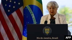 Menteri Keuangan AS Janet Yellen berbicara pada pertemuan Menteri Keuangan G20 di Rio de Janeiro, Brazil, Kamis (25/7). 