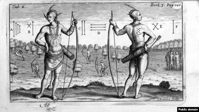 Indians in Virginia. Engraving by Theodore de Bry, 1590, based on a watercolor by John White in 1585.