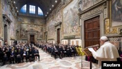 Pope Francis speaks to diplomats accredited to the Holy See for the traditional exchange of the New Year greetings at the Vatican, Jan. 9, 2020.