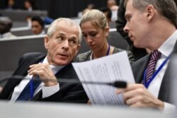 White House trade adviser Peter Navarro, left, attends the opening session of an extraordinary congress of the Universal Postal Union (UPU) in Geneva, Sept. 24, 2019.