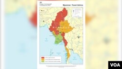 ယူကေနိုင်ငံခြားရေးဝန်ကြီးဌာနကထုတ်ပြန်ထားတဲ့ မြန်မာနိုင်ငံဒေသအလိုက် ခရီးသွားသတိပေးချက် မြေပုံ (ဇန်နဝါရီ ၁၇၊ ၂၀၂၃)