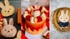 This combination of image shows baked goods, from left, Year of the Rabbit milk bread, a two-tier Lunar New Year cake with a Year of the Rabbit theme, and a sourdough boule with an illustration of Miffy, a rabbit from a popular Dutch picture book series. 