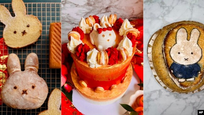 This combination of image shows baked goods, from left, Year of the Rabbit milk bread, a two-tier Lunar New Year cake with a Year of the Rabbit theme, and a sourdough boule with an illustration of Miffy, a rabbit from a popular Dutch picture book series.