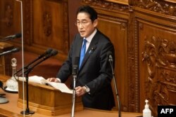 日本首相岸田文雄在东京的日本国会发表政策演讲。（2023年1月23日）