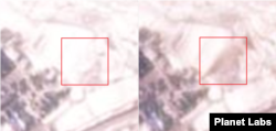 북한 마군포 엔진시험장 일대를 촬영한 위성사진. 28일(왼쪽 사각형 안)까지만 해도 아무런 흔적이 없지만 30일(오른쪽) 화염이 만들어낸 그을린 흔적을 볼 수 있다. 자료=Planet Labs