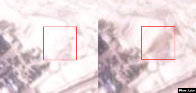 북한 마군포 엔진시험장 일대를 촬영한 위성사진. 28일(왼쪽 사각형 안)까지만 해도 아무런 흔적이 없지만 30일(오른쪽) 화염이 만들어낸 그을린 흔적을 볼 수 있다. 자료=Planet Labs
