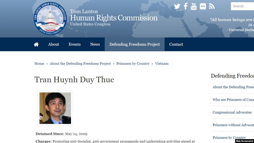Uỷ ban Nhân quyền Tom Lantos đăng hồ sơ của ông Trần Huỳnh Duy Thức trên trang web. Photo Tom Lantos Human Rights Commission.