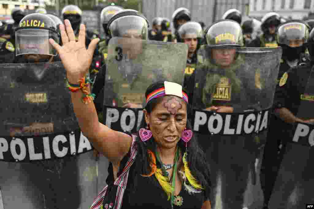 People protest against the government of Peruvian President Dina Boluarte in Lima on January 17, 2023.