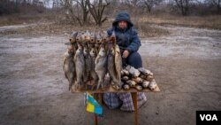 Serhi Zamulenko vende pescado al costado de la carretera, a pesar de que con frecuencia caen proyectiles en el área, en Chasiv Yar, Ucrania, el 22 de enero de 2023. (Yan Boechat/VOA)