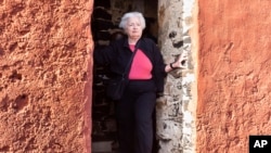 U.S. Treasury Secretary Janet Yellen stands in the "Door Of No Return" on Goree Island, Senegal, Jan. 21, 2023.