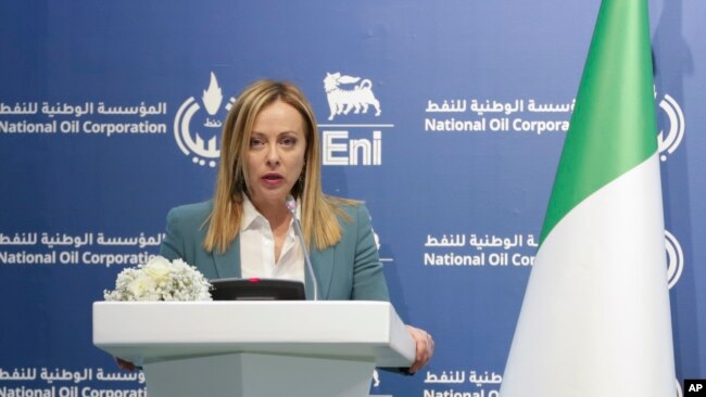 Italy's Prime Minister Giorgia Meloni speaks during a conference in Tripoli, Libya, Jan. 28, 2023.