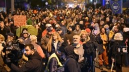 FILE - People protest for an independent news service against the pro-government media coverage of the state television network, in front of its headquarters in Budapest, Hungary, on Nov. 4, 2022. 
