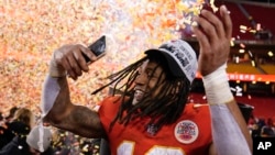 Kansas City Chiefs running back Isiah Pacheco celebrates after the NFL AFC Championship playoff football game against the Cincinnati Bengals, Jan. 29, 2023, in Kansas City, Missouri.