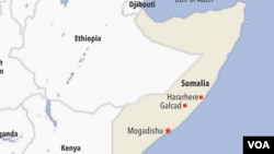 Map of Mogadishu, Harardhere and Galcad in Somalia