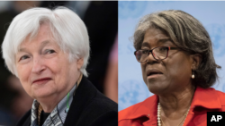 FILE - U.S Treasury Secretary Janet Yellen (L) and U.S. Ambassador to the United Nations Linda Thomas-Greenfield (R). The two U.S. Diplomats are top U.S. government officials to visit Africa in Jan. 2023.
