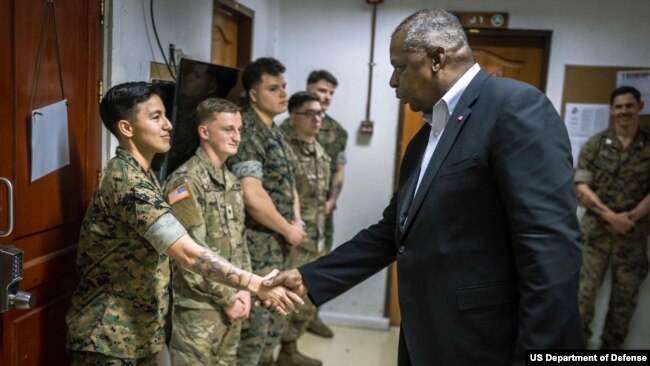 Secretary of Defense Lloyd J. Austin III greets service members assigned to Camp Navarro, Zamboanga, Philippines, Feb. 1, 2023.