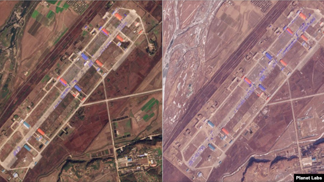 북한 의주비행장을 촬영한 지난해 10월 17일(왼쪽)과 올해 1월 16일 자 위성사진. 3개월 만에 화물의 양이 눈에 띄게 늘어났다. 사진=Planet Labs