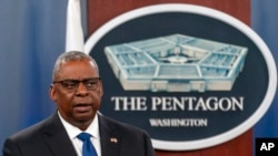 FILE - Secretary of Defense Lloyd Austin speaks during a news conference with South Korea's Minister of National Defense Lee Jong-sup at the Pentagon, Nov. 3, 2022, in Washington. 