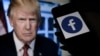 Layar ponsel menampilkan logo Facebook dengan latar belakang potret resmi mantan Presiden AS Donald Trump di Arlington, Virginia, 4 Mei 2021. (Foto: AFP)